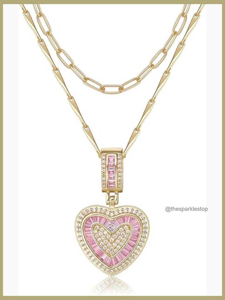 14k Gold Plated Layered Chain Necklace Set With Cubic Zirconia Heart Pendant